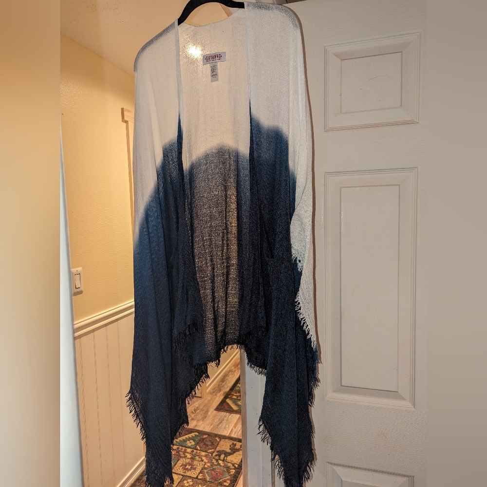 Shyanne White and Blue Fringed Shawl